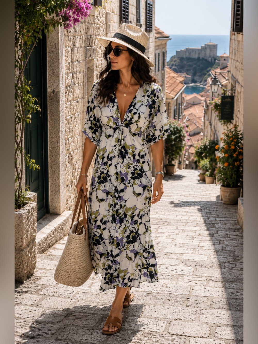 Lewit 100% Silk Floral Empire Midi Dress C Neck Purple Ivory Size 0